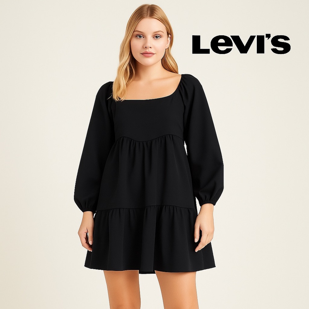 Levi’s Black Babydoll Mini Dress Puff Sleeve Square Neck Size Small Casual &Chic